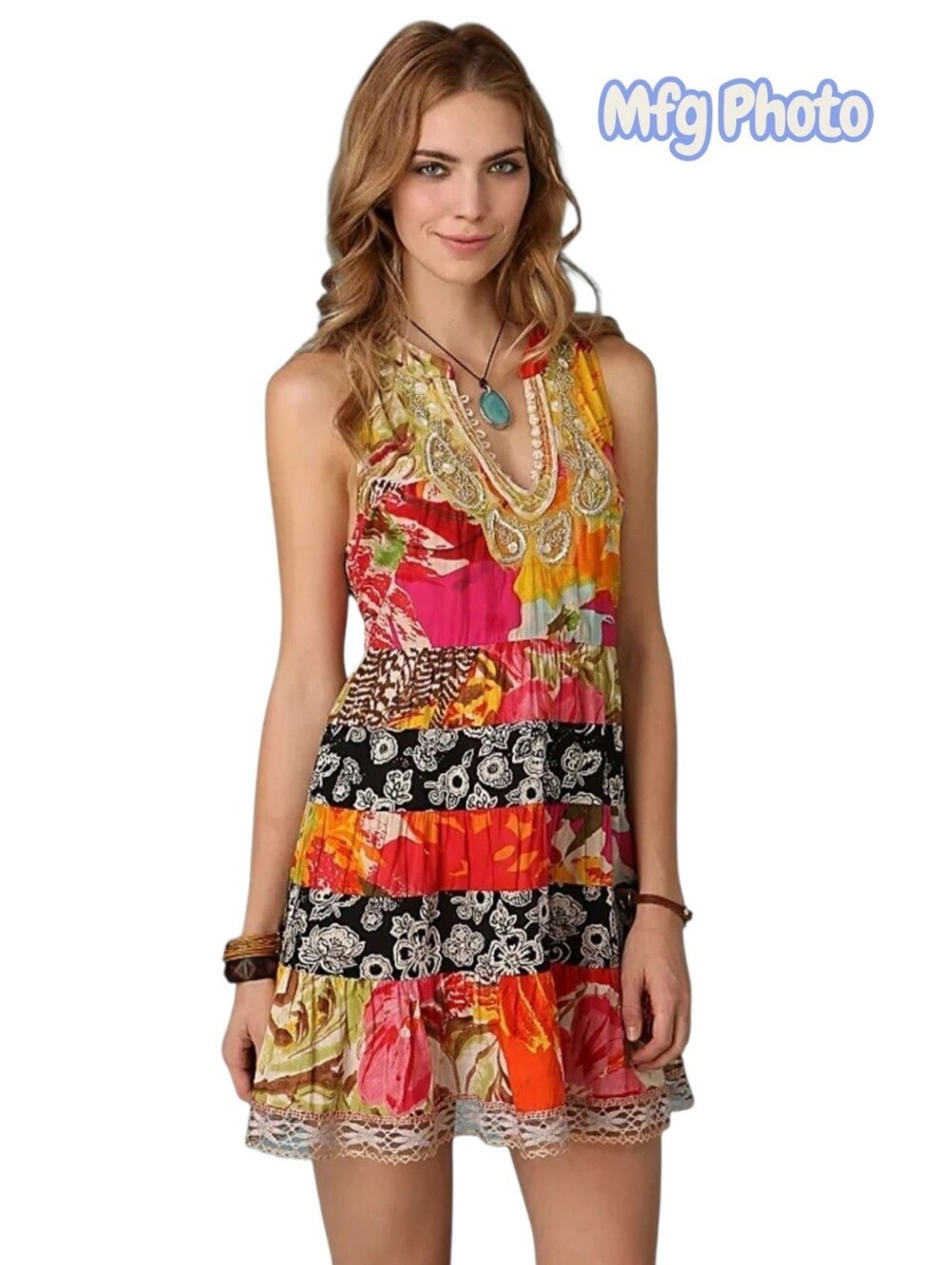 Free People Vibrant Floral Patchwork Sleeveless Mini Dress, Womens Medium